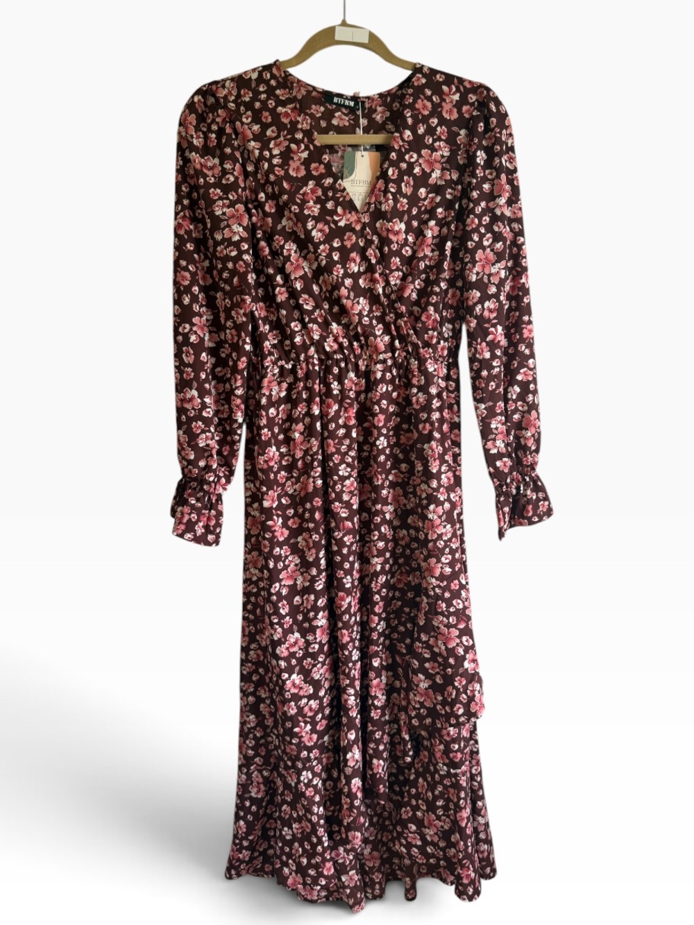 BTFBM NWT Brown Pink Floral Long Sleeve Midi Dress Size Small